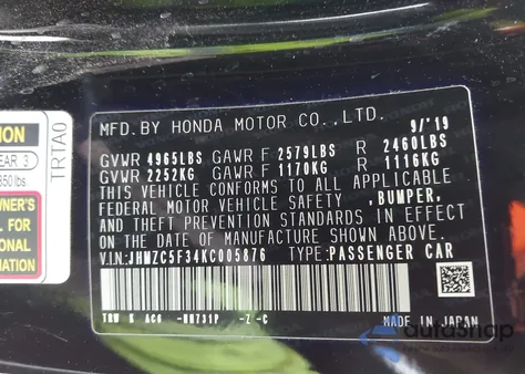 2019 Honda Clarity Plug-In Hybrid Touring from USA, damaged, VIN JHMZC5F34KC005876